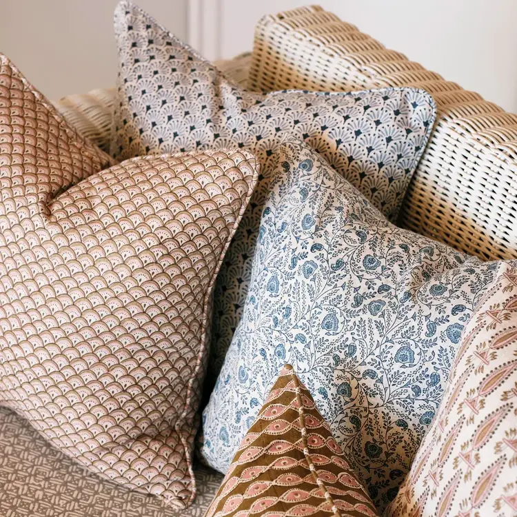 Gild & Co. Pali block-print linen cushion in Azure blue