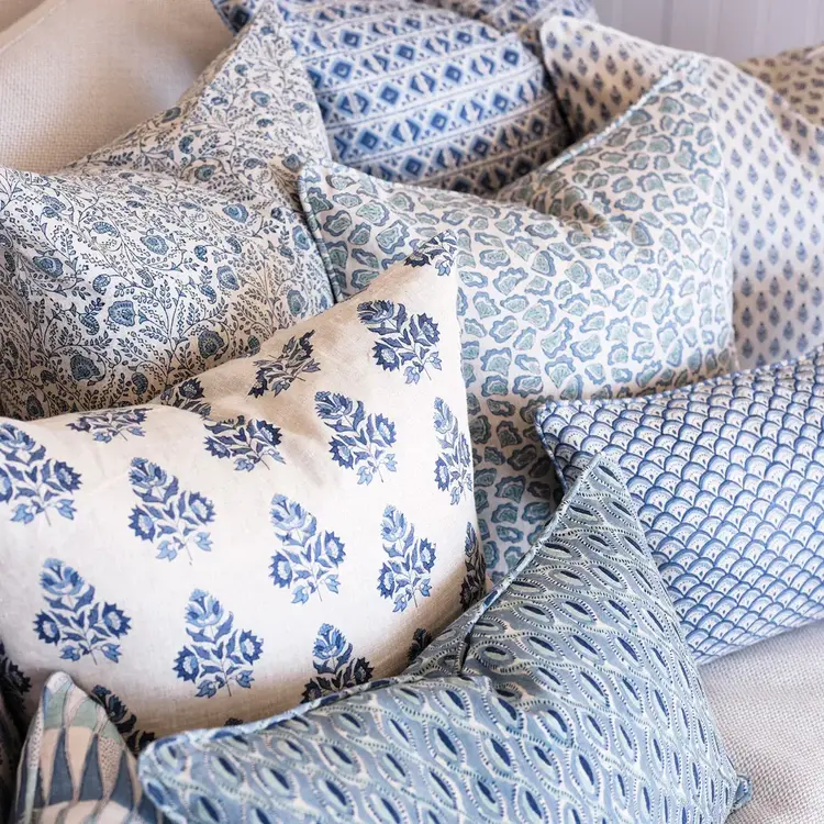 Pali block-print linen cushion in Azure blue