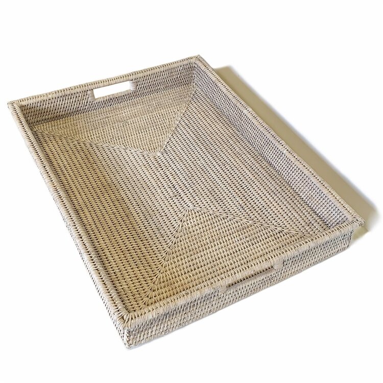 Matahari Home Extra-Large Rectangular Shallow Rattan Tray in White Wash