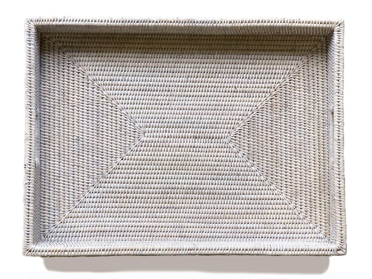 Extra-Large Rectangular Shallow Rattan Tray in White Wash