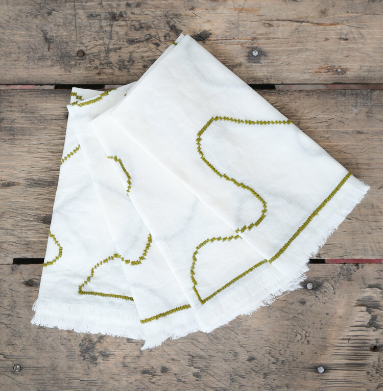 Cross Stitch Napkins Olive Green and Off-White, Set of 4