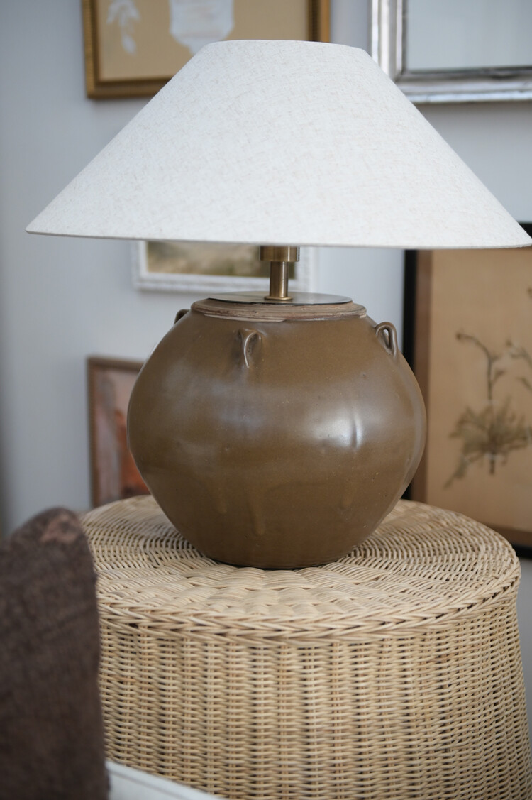 Glazed Pot Table Lamp - Vintage Clay Pot Lamp with Linen Shade