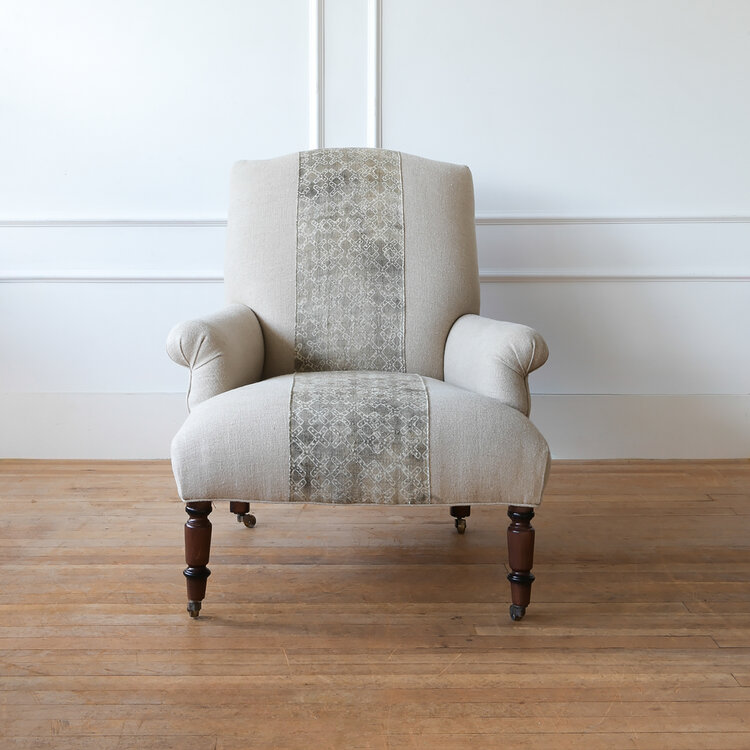 John Derian Fritillaria Chair in Linen with Special Vintage Tibetan Textile