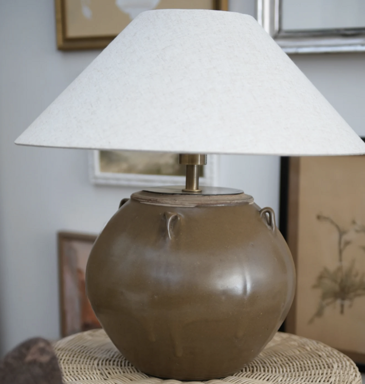 Glazed Pot Table Lamp - Vintage Clay Pot Lamp with Linen Shade