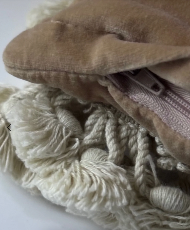 Antique Antique Floral Needlepoint & Velvet Cushion with Embellished Tassel Trim