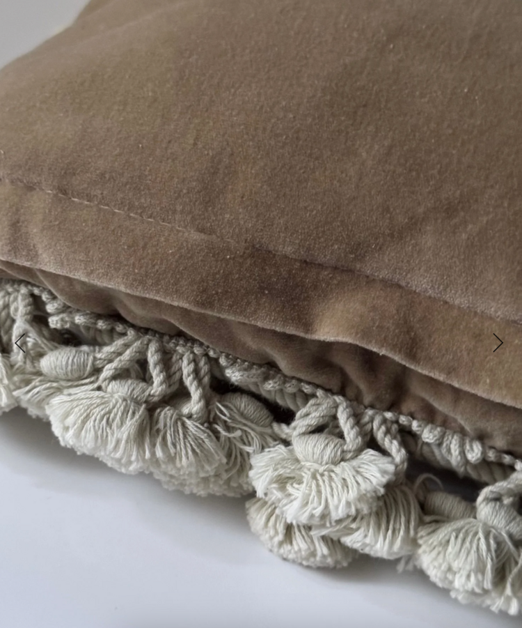 Antique Antique Floral Needlepoint & Velvet Cushion with Embellished Tassel Trim