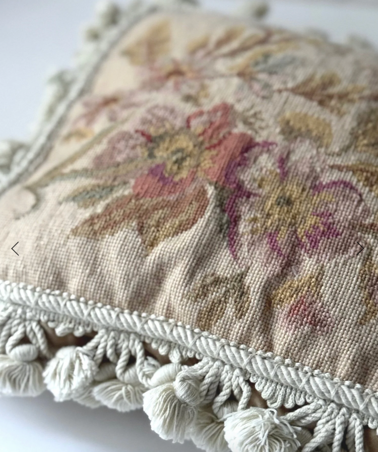 Antique Antique Floral Needlepoint & Velvet Cushion with Embellished Tassel Trim