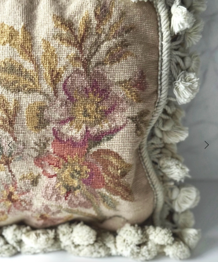 Antique Antique Floral Needlepoint & Velvet Cushion with Embellished Tassel Trim