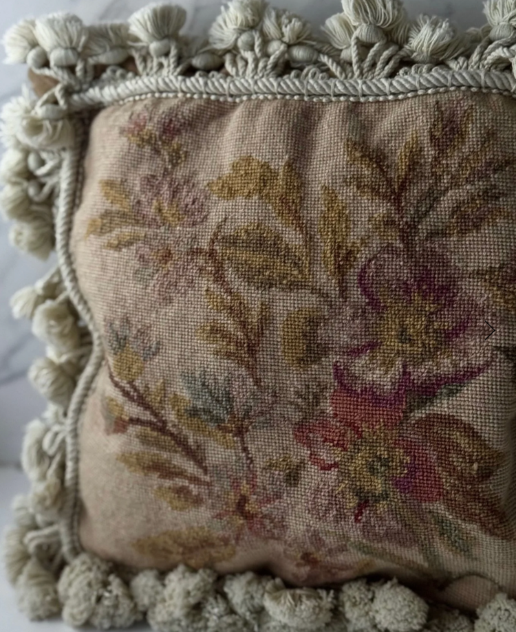 Antique Antique Floral Needlepoint & Velvet Cushion with Embellished Tassel Trim