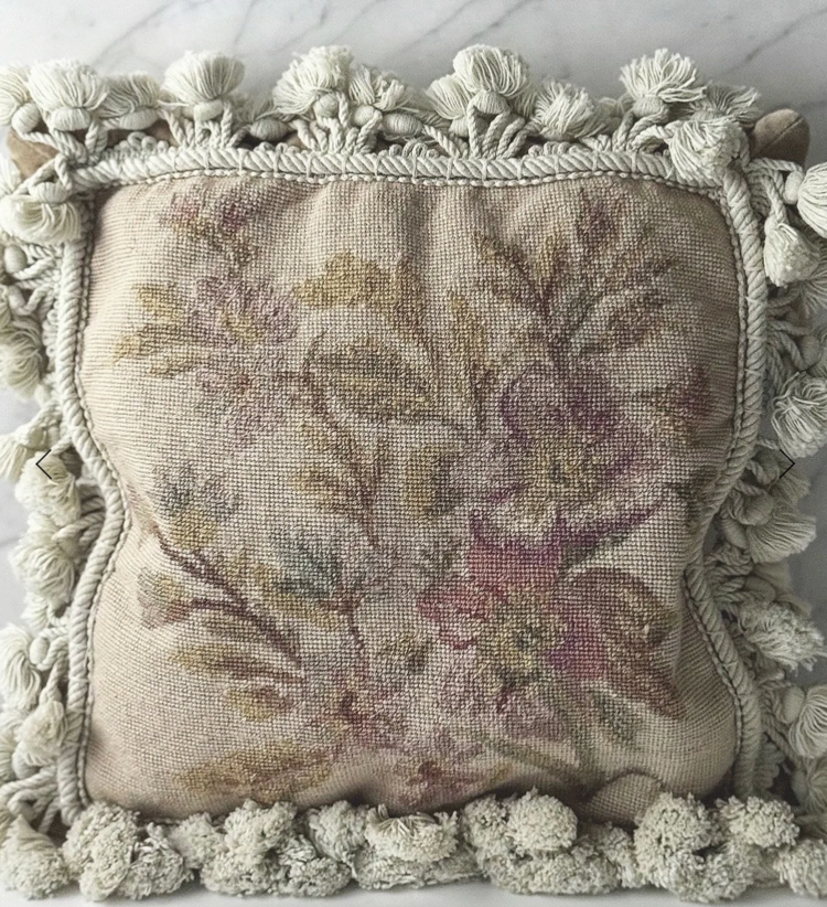 Antique Antique Floral Needlepoint & Velvet Cushion with Embellished Tassel Trim