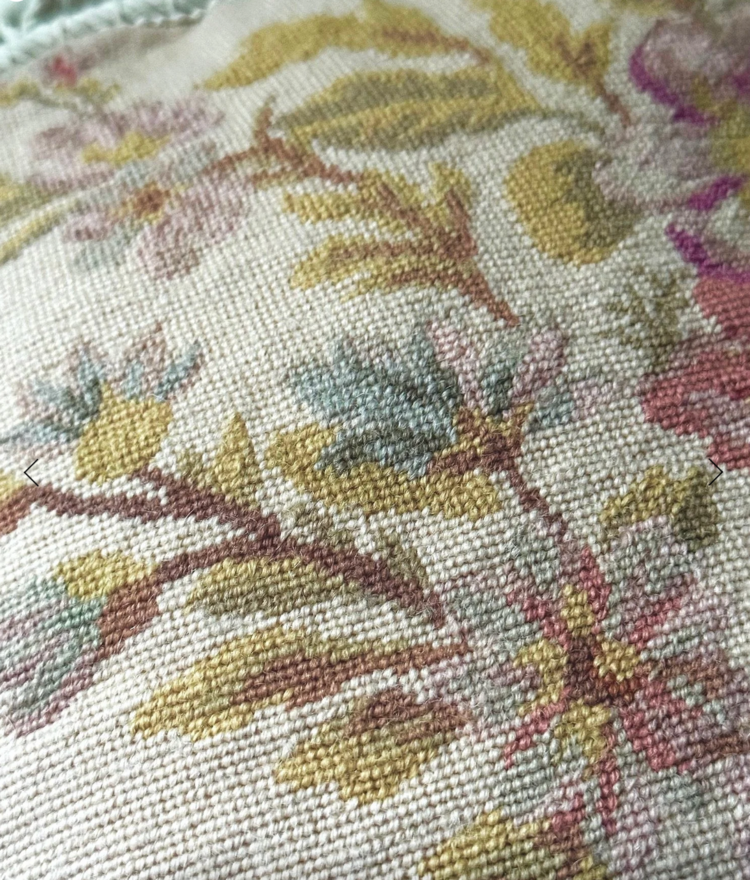 Antique Antique Floral Needlepoint & Velvet Cushion with Embellished Tassel Trim