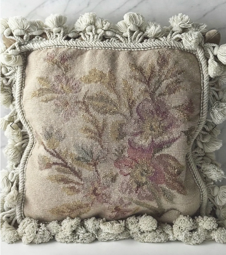 Antique Antique Floral Needlepoint & Velvet Cushion with Embellished Tassel Trim