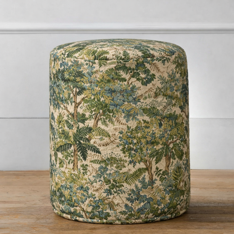Gild Round Ottoman Pouf in Sanderson Stumpery Tapestry Fern