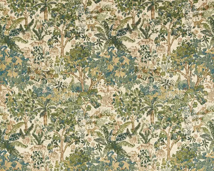 Gild Round Ottoman Pouf in Sanderson Stumpery Tapestry Fern