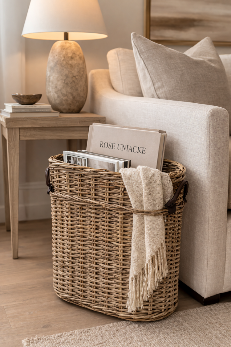 Oval Rattan Umbrella Basket w Leather Handles