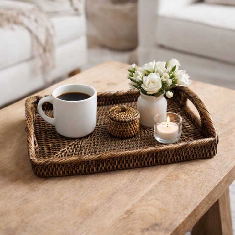 Small Rectangle Morning Tray - Natural Rattan