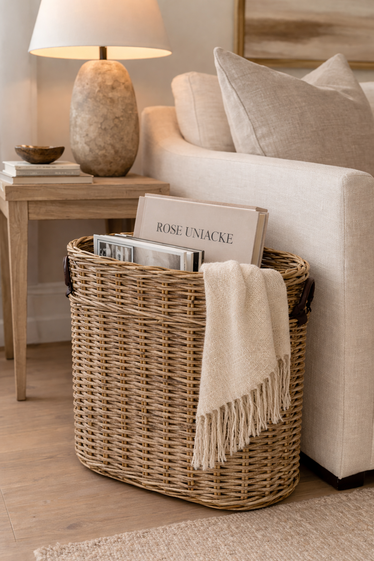 Oval Rattan Umbrella Basket w Leather Handles