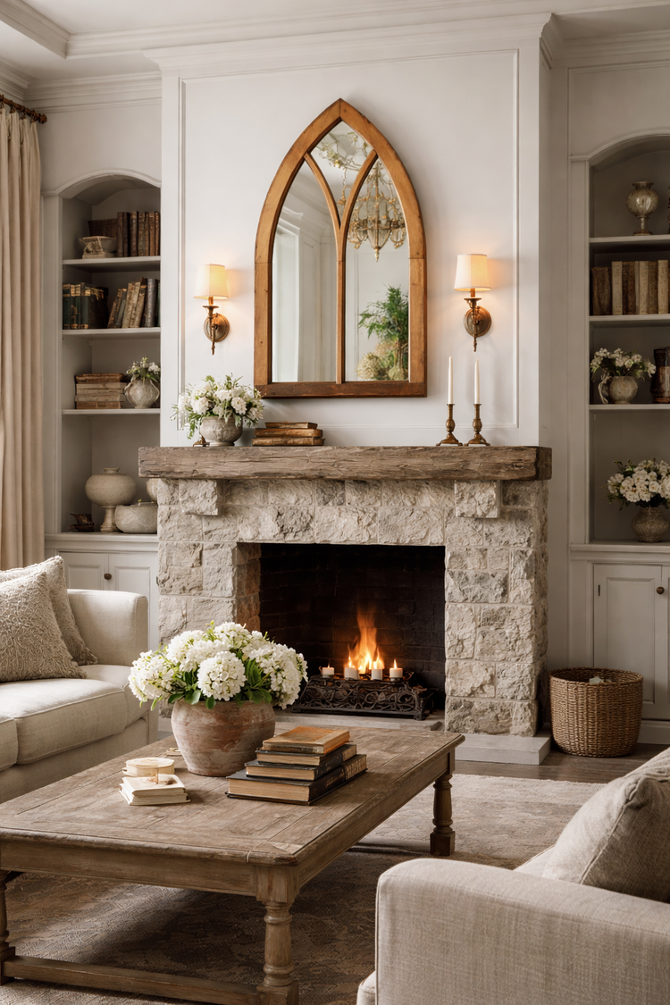 Antique Pine Gothic Window Mirror