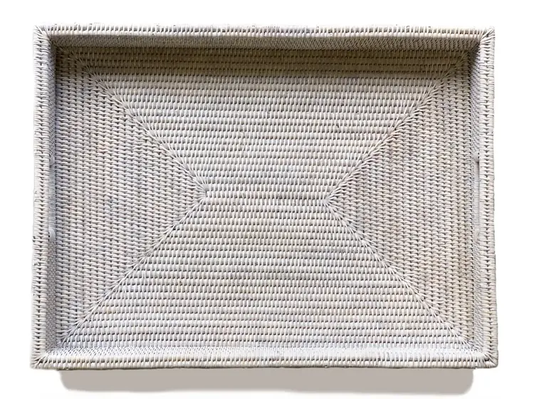 Extra-Large Rectangular Shallow Rattan Tray in White Wash