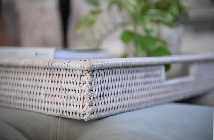 Extra-Large Rectangular Shallow Rattan Tray in White Wash