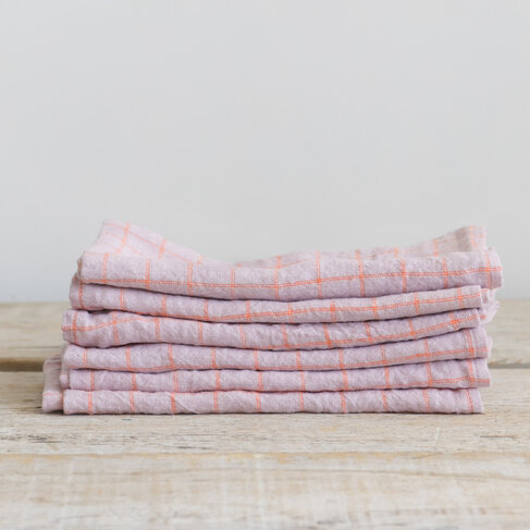 French Linen Napkins in Parma Orange Checks (set of 6)
