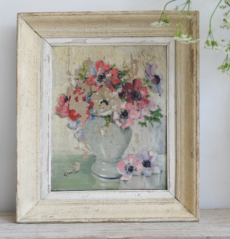 Antique French Oil on Canvas 'Anemones'