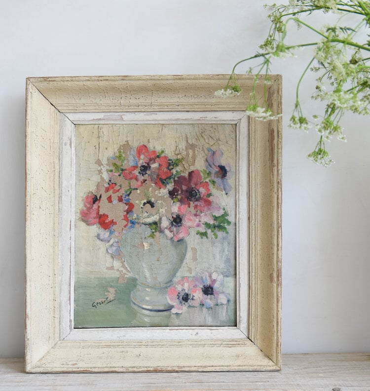 Antique French Oil on Canvas 'Anemones'