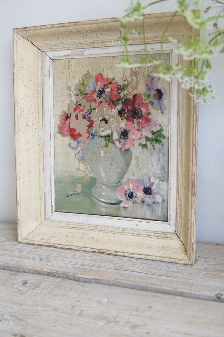 Antique French Oil on Canvas 'Anemones'
