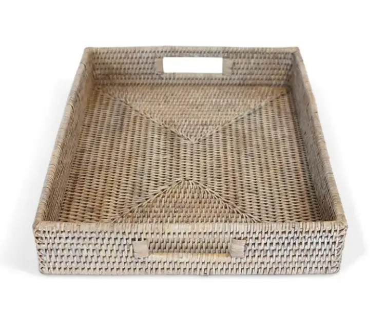 White-Wash Rectangular Rattan Tray with cutout handles