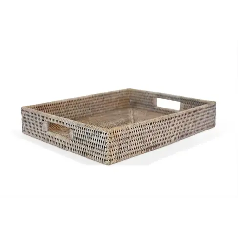 White-Wash Rectangular Rattan Tray