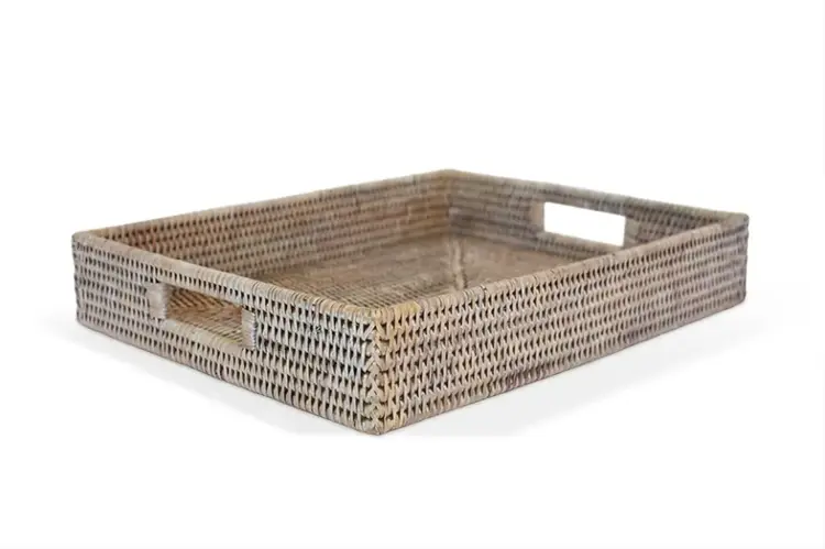 White-Wash Rectangular Rattan Tray with cutout handles