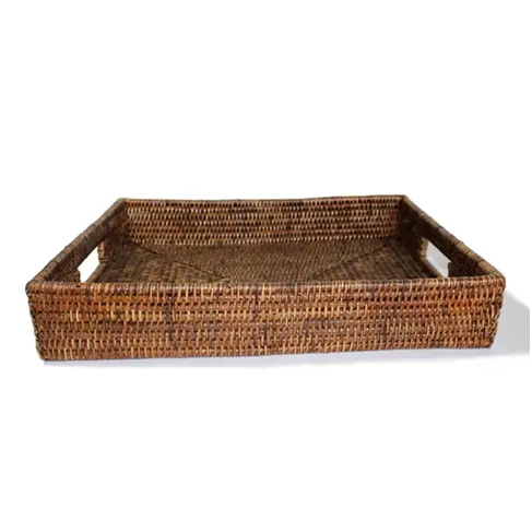 Rectangular Rattan Tray w Handles, Brown