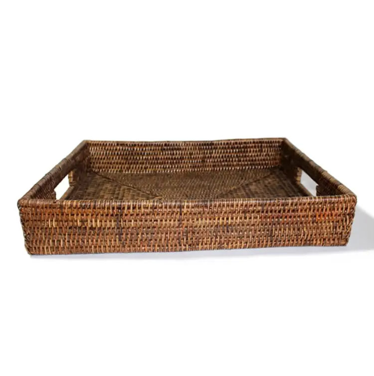 Rectangular Rattan Tray w Handles, Antique Brown