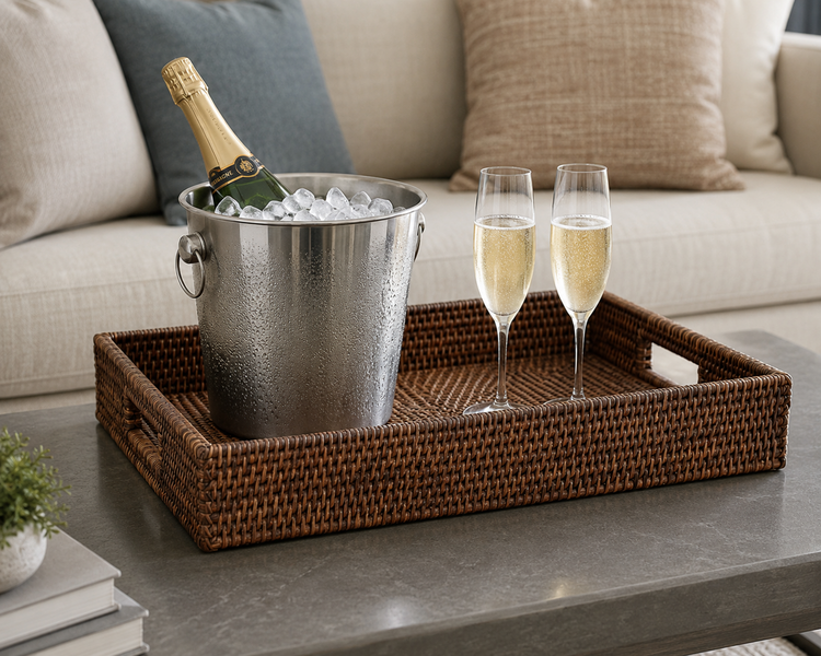 Rectangular Rattan Tray w Handles, Antique Brown