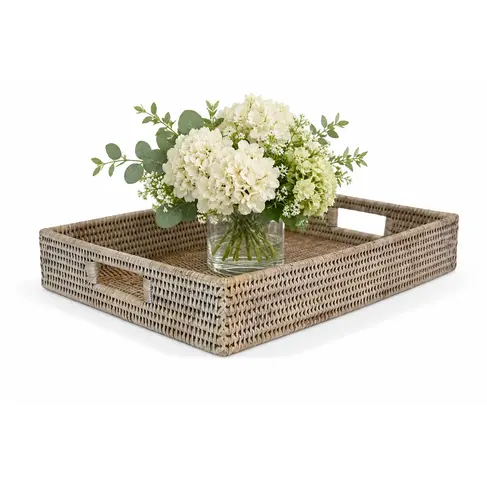 White-Wash Rectangular Rattan Tray