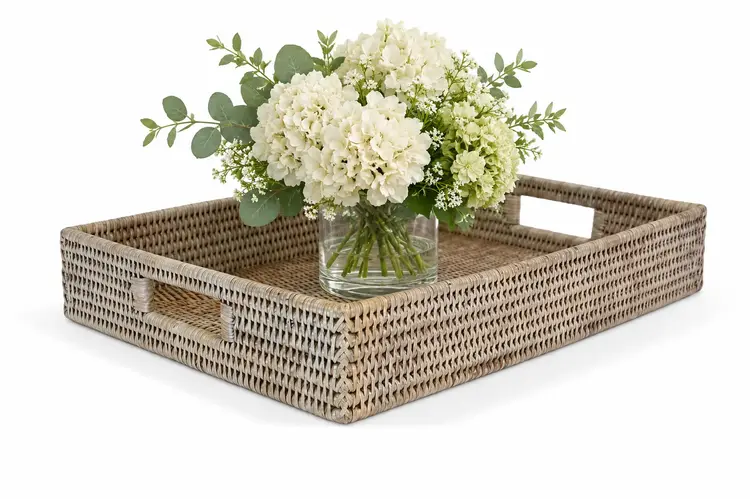 White-Wash Rectangular Rattan Tray with cutout handles