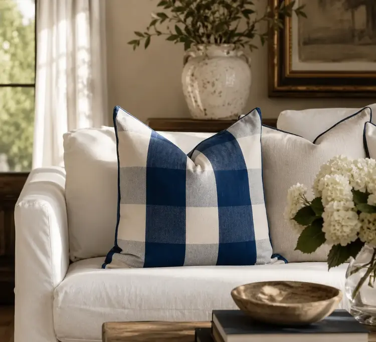 Large Blue & White Check Cushion