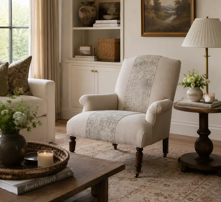 John Derian Fritillaria Chair in Linen with Special Vintage Tibetan Textile