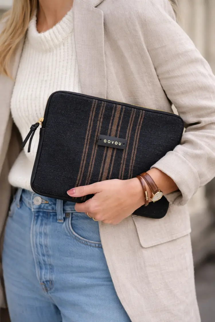 Antique Linen & Leather Clutch or Tech Sleeve