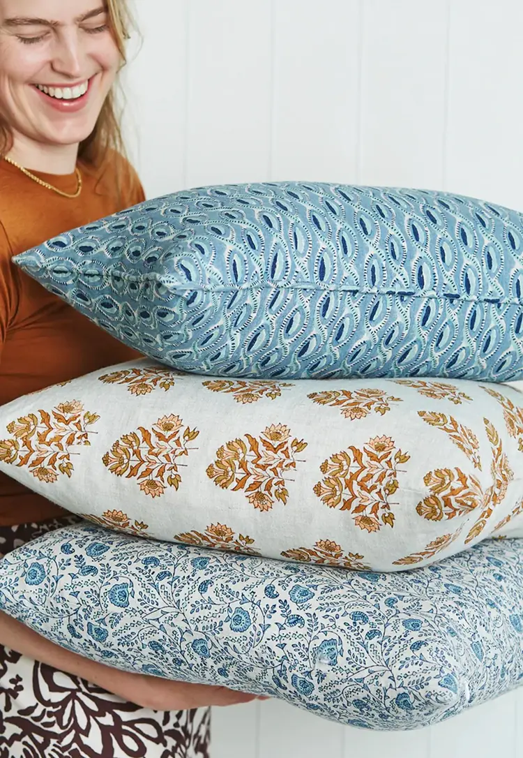 Pali block-print linen cushion in Azure blue