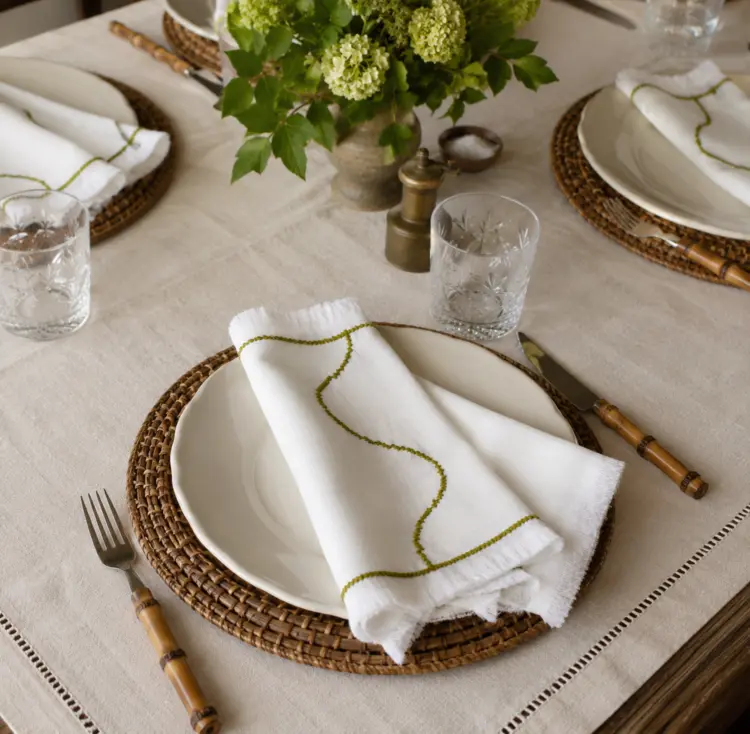 Cross Stitch Napkins Olive Green and Off-White, Set of 4