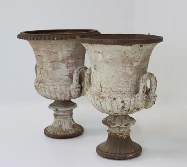 Pair of Antique Cast Iron Urns, English Victorian