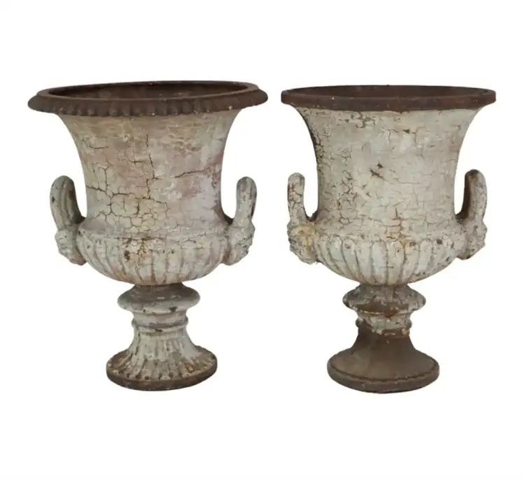 Pair of Antique Cast Iron Urns, English Victorian