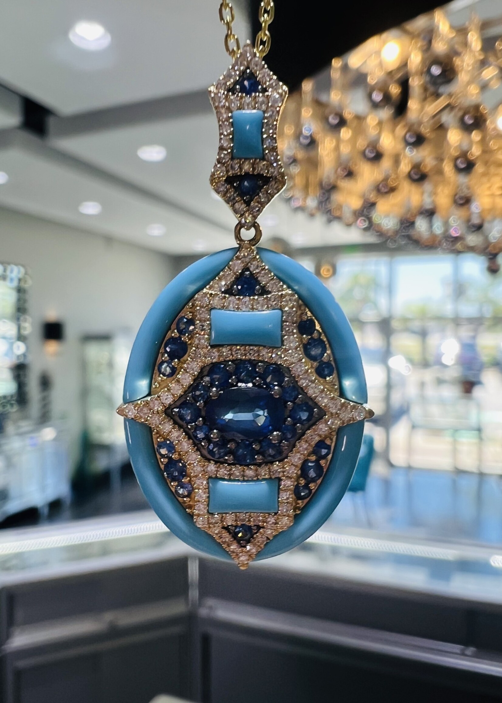 Shula NY 14kY .37carat Diamonds, 1.35ct Sapphires, and Turquoise.