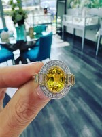 18k 2.19ct Natural Yellow Sapphire .46ctw Baguette and Round diamonds.