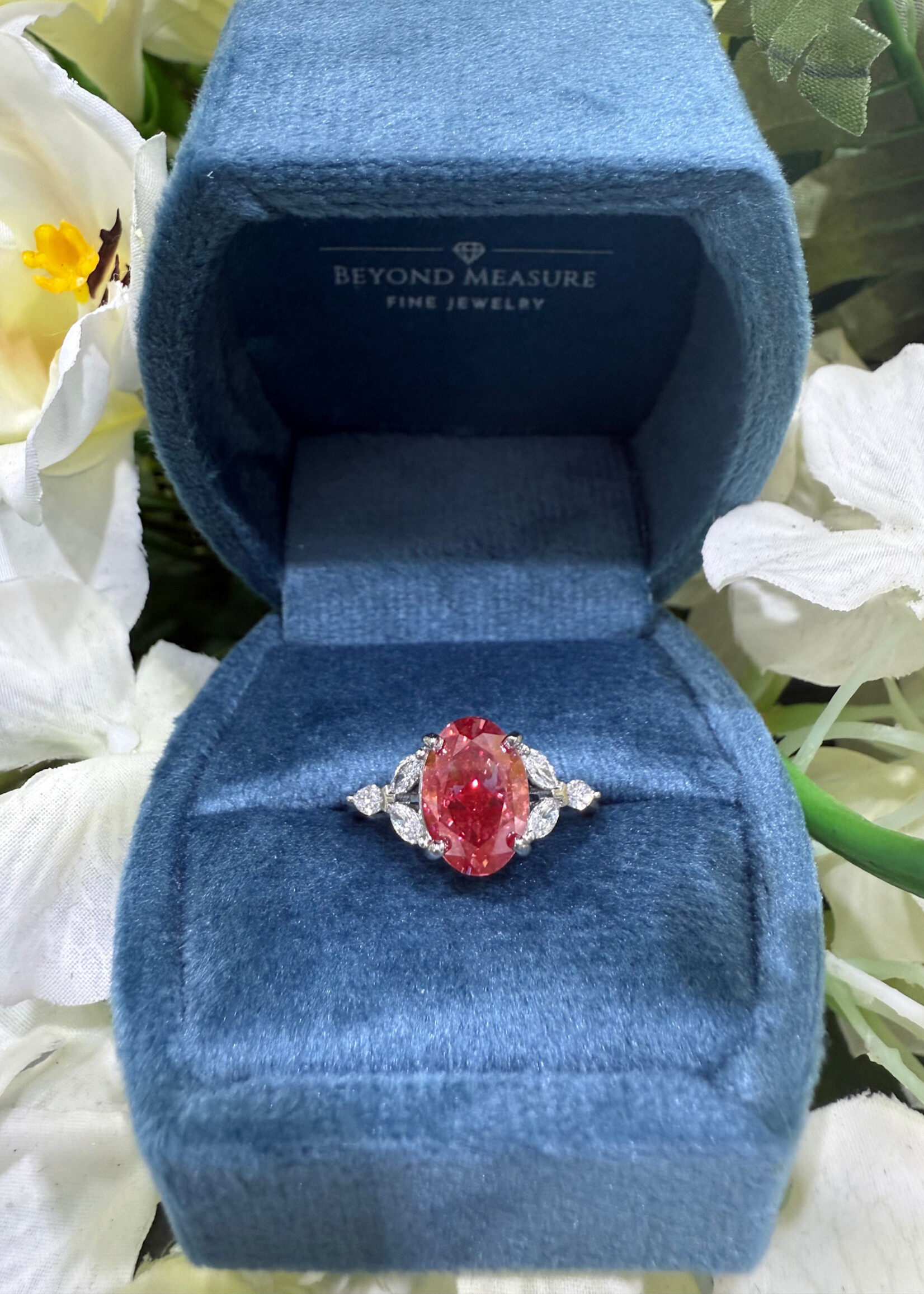 pink 14kW 3 carat Pink! Lab Grown Oval cut Diamond with naturally mined marquise cut side diamonds (