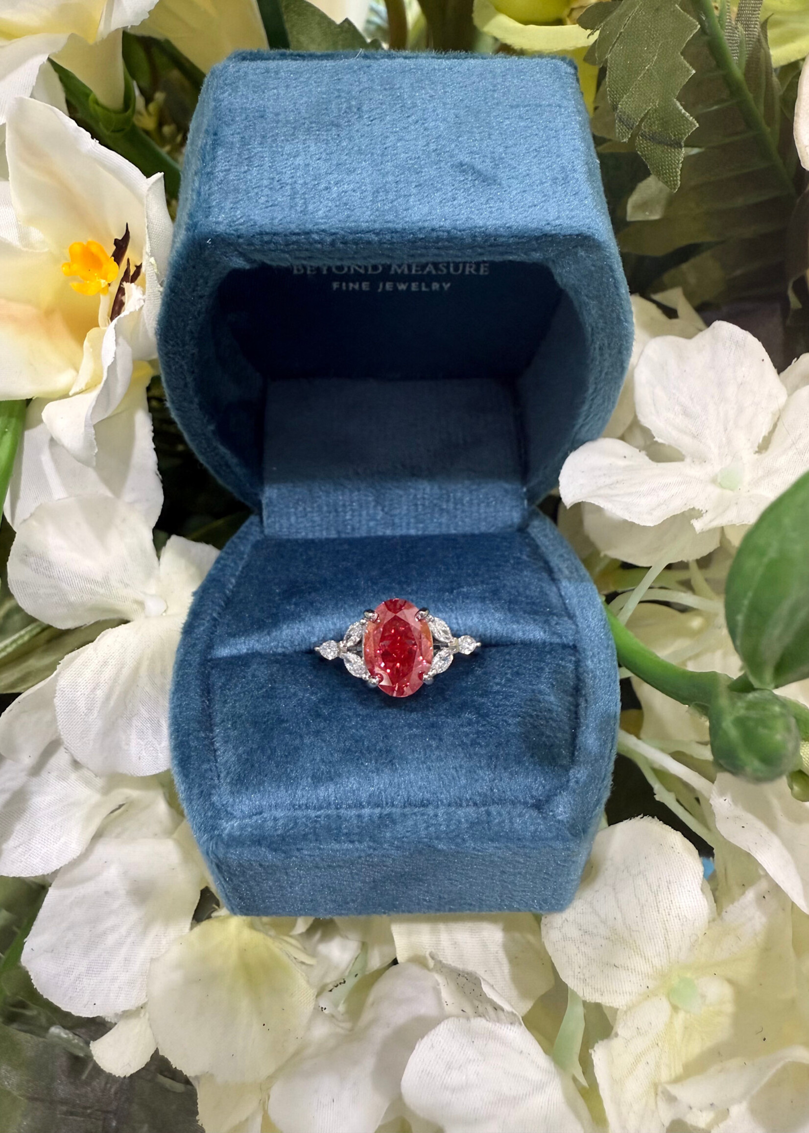 pink 14kW 3 carat Pink! Lab Grown Oval cut Diamond with naturally mined marquise cut side diamonds (