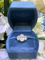 Centurian 14kY Oval Cut Three Stone Engagement Ring 2.07 LabGrown E,VS2 + .96ctw LG oval cut side stones.
