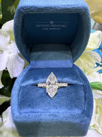 14kYellow +White Gold Marquise cut Engagement Ring. 2.53ct LabGrown F,VS2 + .58ct diamond setting with hidden halo