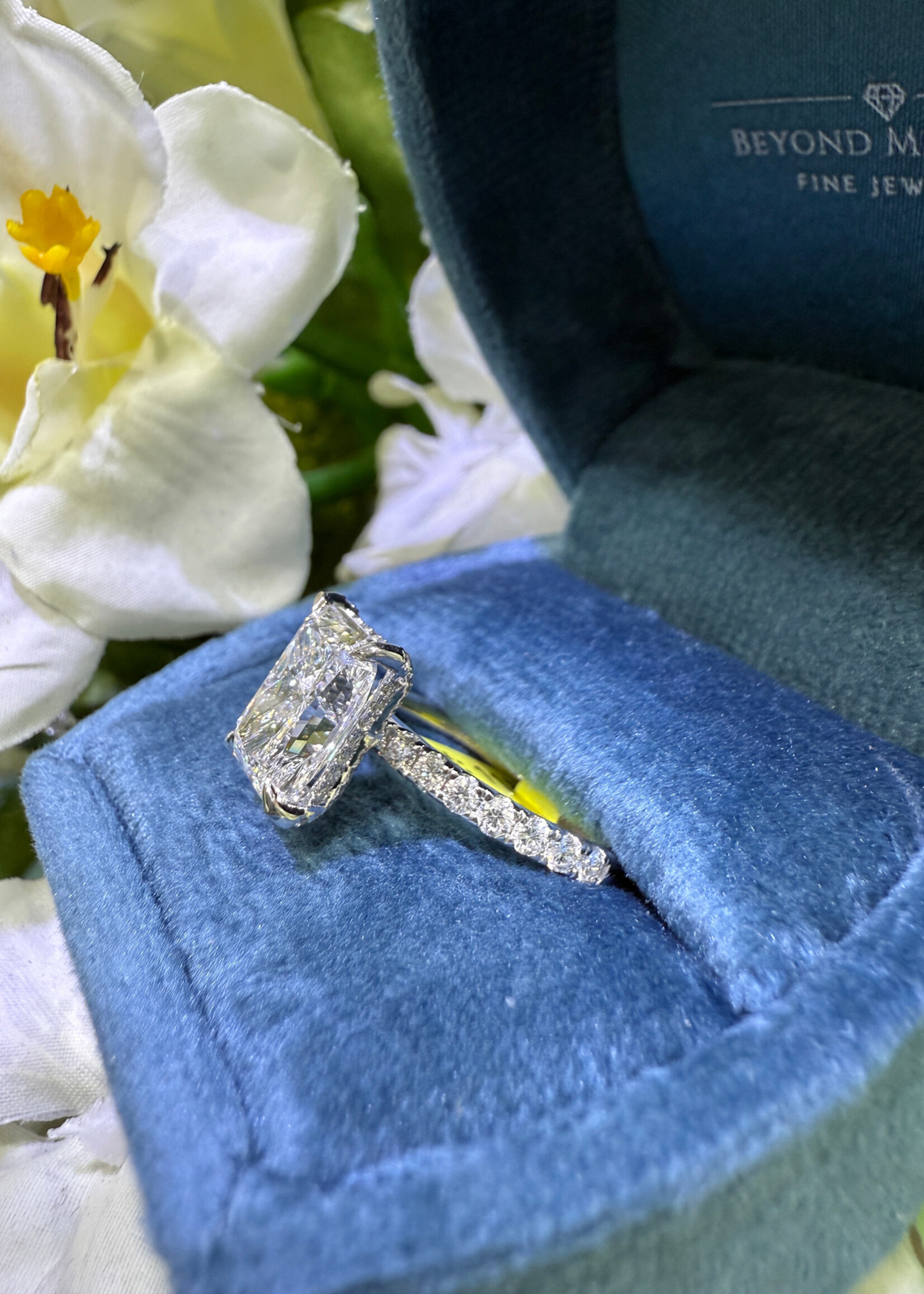 14k White Gold Radian Cut Engagement Ring 3.06 LabGrown F,VS2 + .63ctw diamond setting with hidden halo